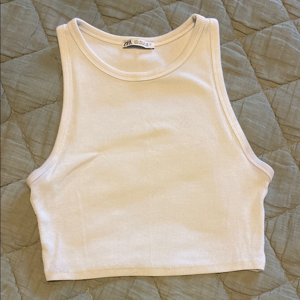 Zara White Fitted Crop Tank Top
